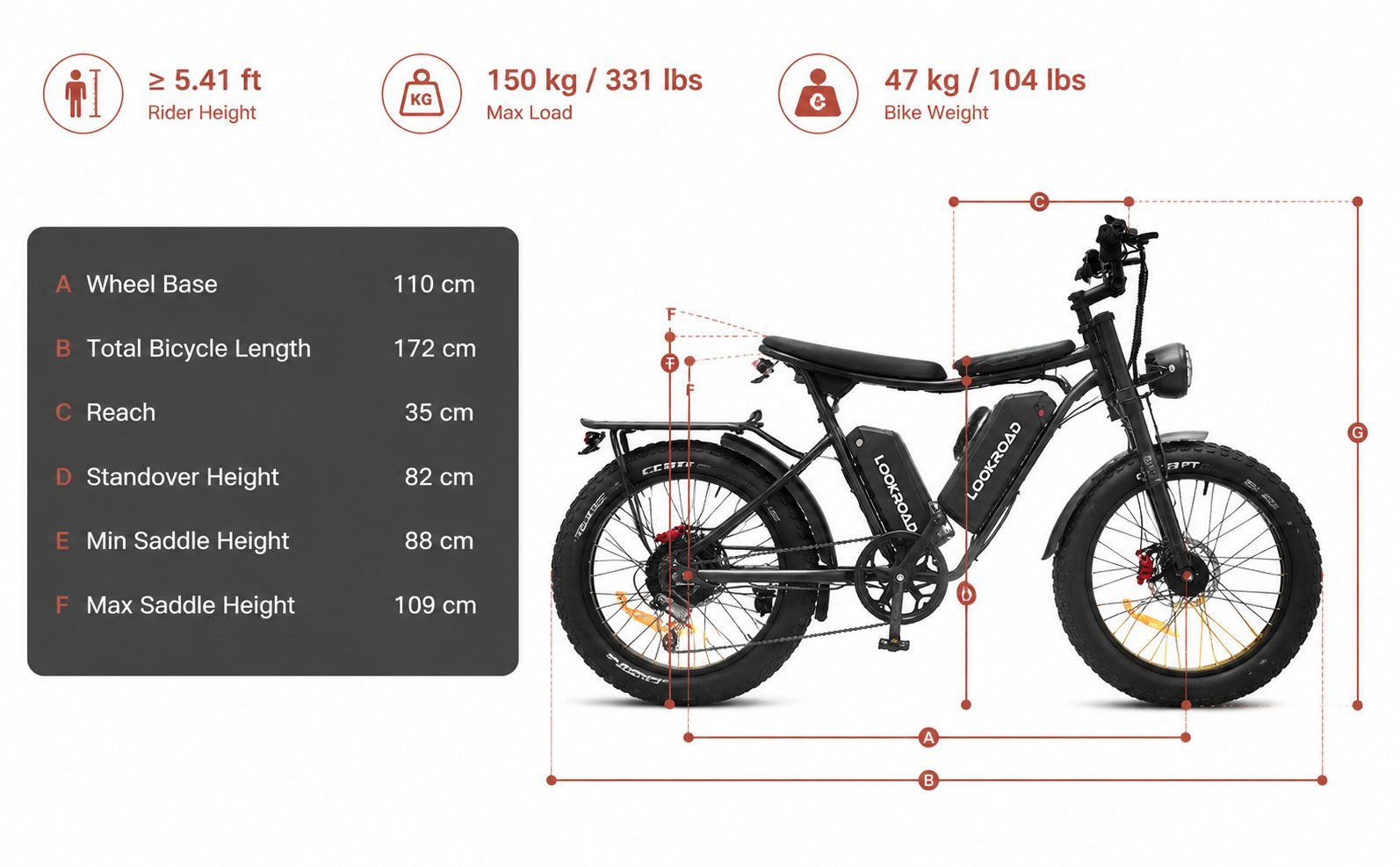L20 PRO Electric Bike - geometry and size chart