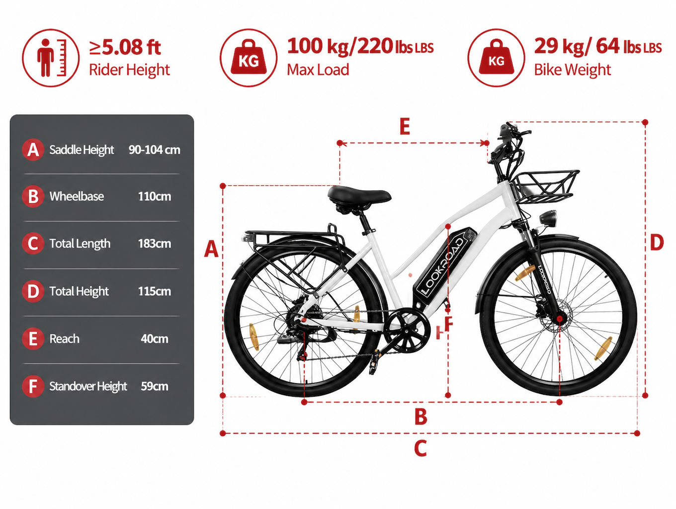 L28 MIN Electric Bike - geometry and size chart