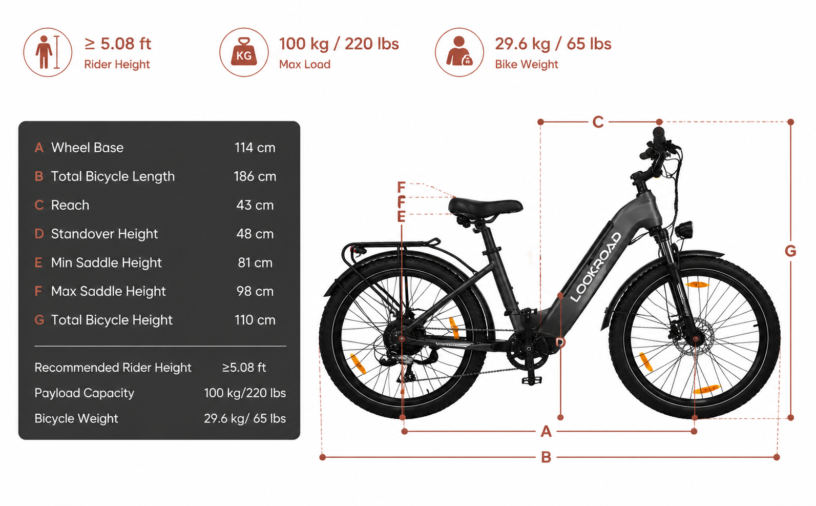 L28 PRO Electric Bike - geometry and size chart