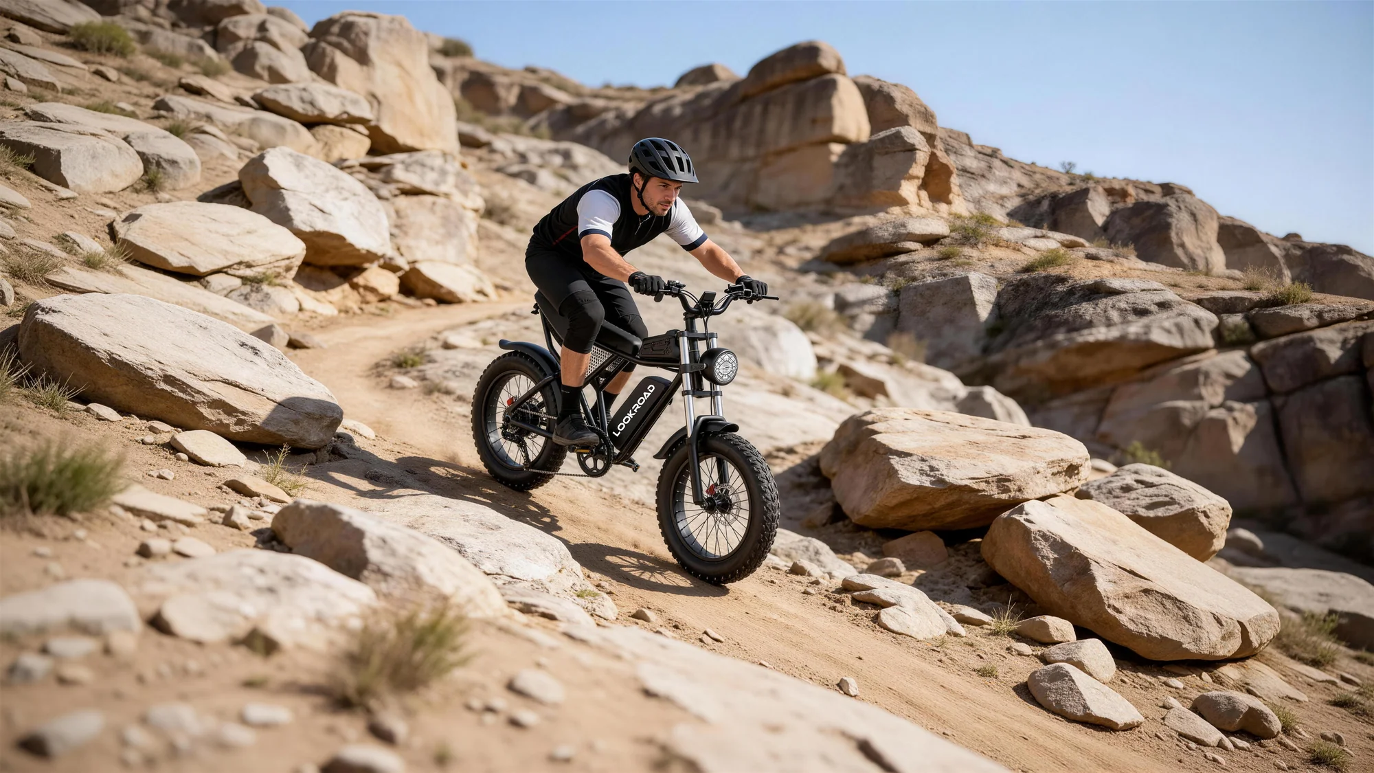 Q20 rider on desert rocks